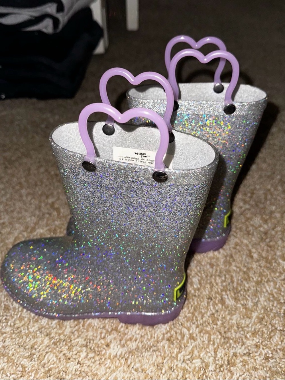 Western Chief Kids Silver Glitter Rain Boots with Purple Heart Handles